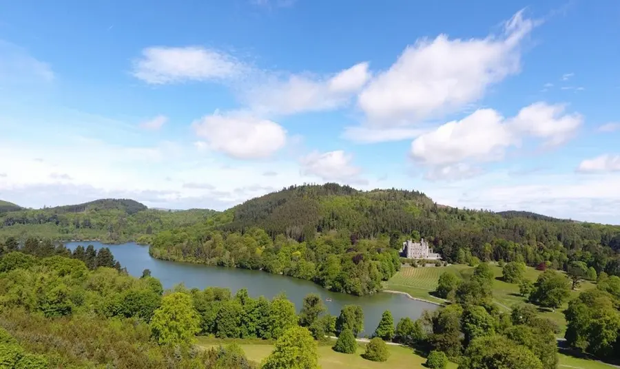 Aerial view of maze and lake